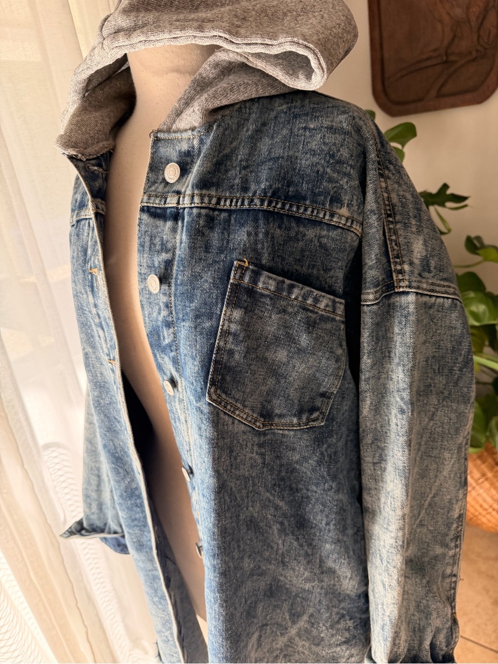 Thrill Jeans Hooded Denim Jacket XL Oversized Acid Wash Distressed - Picture 2 of 6